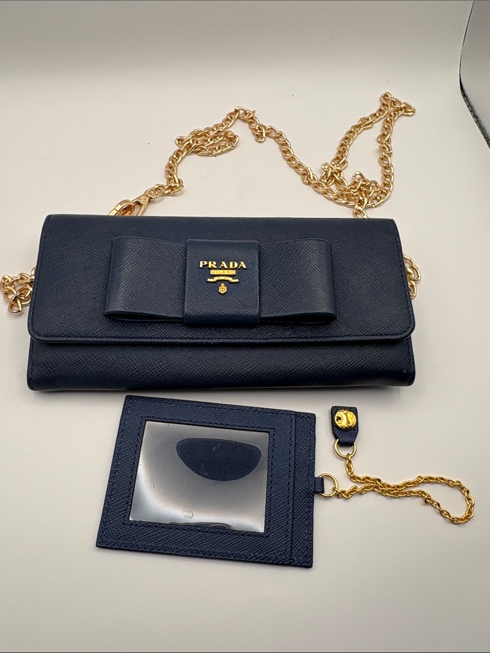 Prada Navy Saffiano Leather Crossbody Bag with Gold Chain